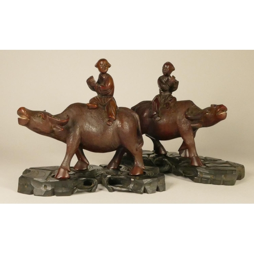 197 - A Chinese carved hard wood pair of figures, farmers seated upon water buffalo, raised on ebony bases... 