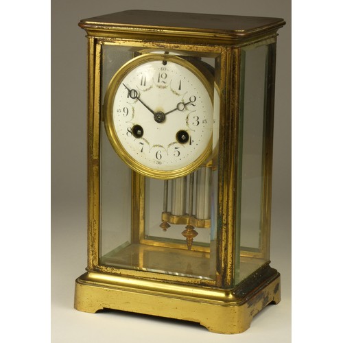 208 - A French four glass brass mantle clock, the white enamel dial with Arabic numerals, the movement sig... 