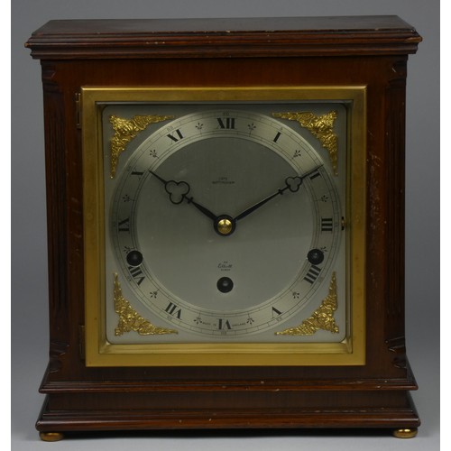 209 - An Elliot, London 8-day lever Westminster and Whittington mahogany mantle clock, the silvered dial w... 