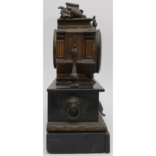 220 - An Victorian onyx mantle clock, with a spelter figure of a lady reading, 34 x 42cm.