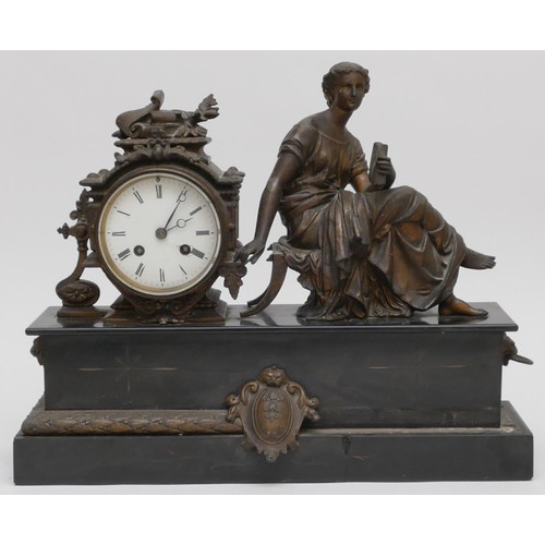 220 - An Victorian onyx mantle clock, with a spelter figure of a lady reading, 34 x 42cm.