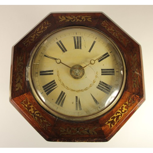 224 - A 19th century mahogany and brass inlaid, postman's alarm clock with a 9