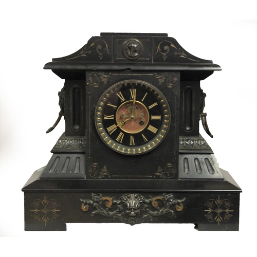 227 - A Victorian slate mantel clock, the architectural case with gilt highlights, the dial with visible e... 