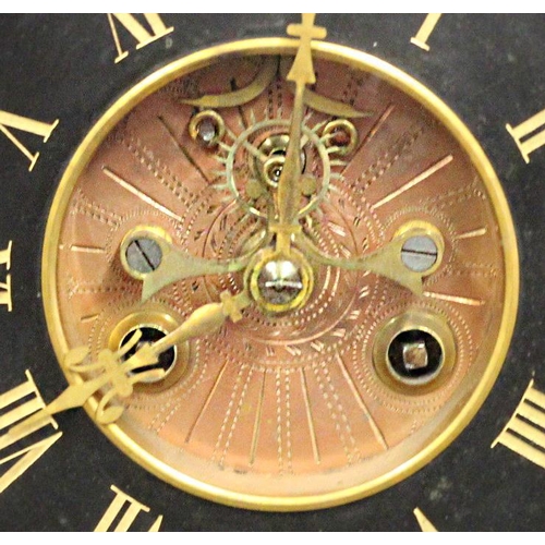 227 - A Victorian slate mantel clock, the architectural case with gilt highlights, the dial with visible e... 