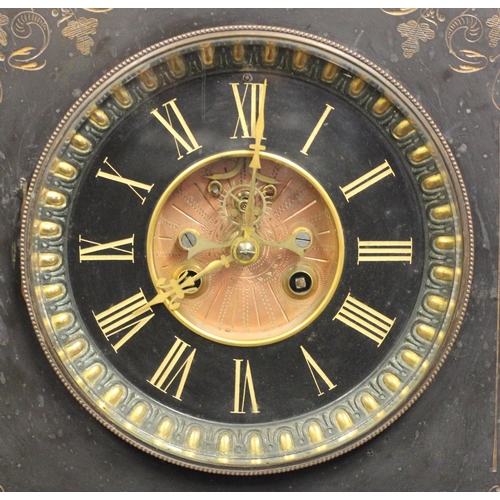 227 - A Victorian slate mantel clock, the architectural case with gilt highlights, the dial with visible e... 