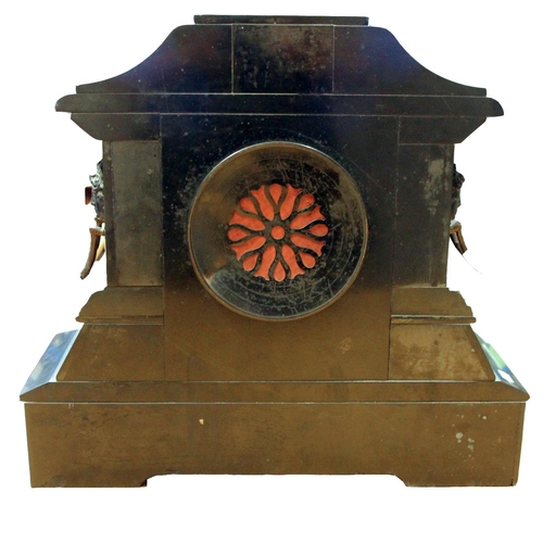 227 - A Victorian slate mantel clock, the architectural case with gilt highlights, the dial with visible e... 