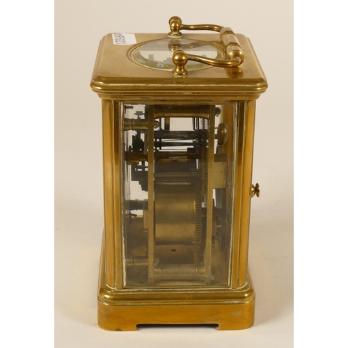 230 - A brass striking carriage clock, white enamel dial with Roman numerals, the movement signed Aiguille... 