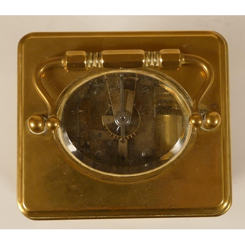 230 - A brass striking carriage clock, white enamel dial with Roman numerals, the movement signed Aiguille... 