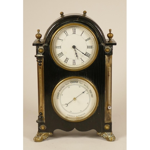 233 - A 19th century ebonised mantel clock/barometer, with white enamel dials, the movement signed D.H, th... 