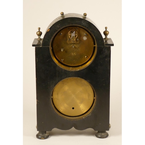 233 - A 19th century ebonised mantel clock/barometer, with white enamel dials, the movement signed D.H, th... 