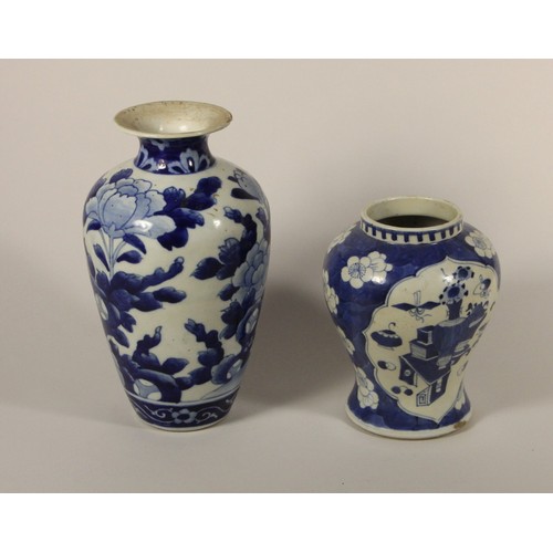 203 - A Kang Si earthenware blue and white baluster vase, 4 character mark, decorated with two panels of v... 