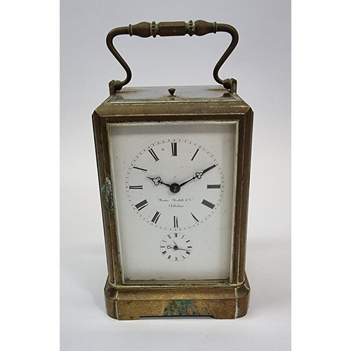 210 - A French 19th century brass alarm and repeating carriage clock, by Japy Freres, Paris, the white ena... 