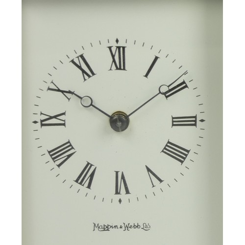 212 - A brass carriage clock, the white enamel dial signed Mappin and Webb Ltd, Roman numerals, the 11 jew... 