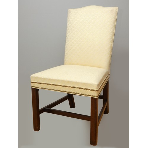 259 - A set of six upholstered mahogany dining chairs, the pair of carvers with sweeping arms, together wi... 