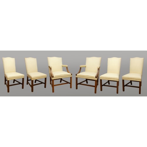 259 - A set of six upholstered mahogany dining chairs, the pair of carvers with sweeping arms, together wi... 