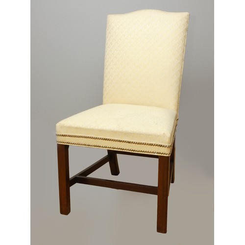 259 - A set of six upholstered mahogany dining chairs, the pair of carvers with sweeping arms, together wi... 