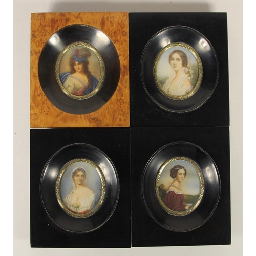 265 - Four 19th century style miniatures on ivorine, indistinctly signed, framed, 13 x 11 cm