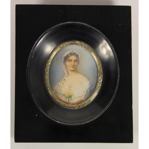 265 - Four 19th century style miniatures on ivorine, indistinctly signed, framed, 13 x 11 cm