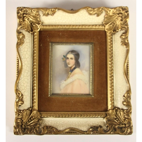 266 - Four 19th century style miniature ivorine portraits, depicting 19th century ladies, 20 x 17 cm