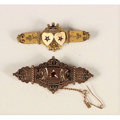 82 - An Edwardian 9ct gold red paste and half pearl panel brooch, Birmingham 1905 and a Victorian sweethe... 