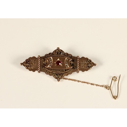 82 - An Edwardian 9ct gold red paste and half pearl panel brooch, Birmingham 1905 and a Victorian sweethe... 