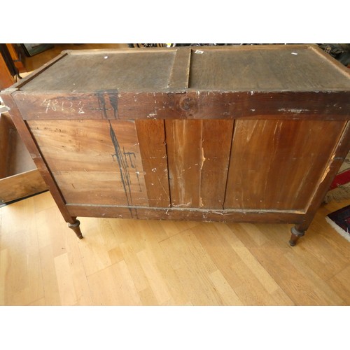 258 - A French walnut chest of three drawers, flanked by fluted columns, raised on tapering feet, grey mar... 