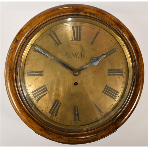 161 - An oak fusee clock, the 12" brass dial with etched G.W.R over numbers 1027, Roman numerals, the back...