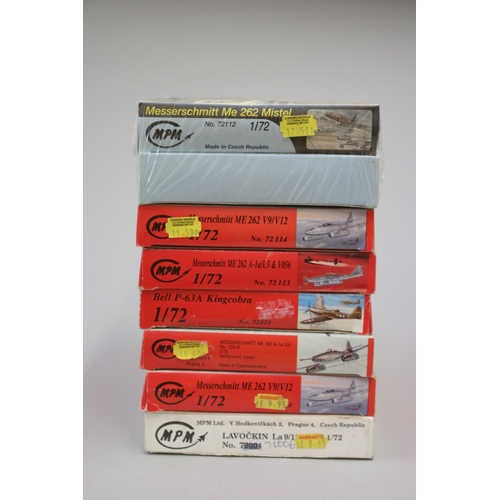 108 - Eight MPM aircraft 1/72 model kits, to include : 

Lavockin La9/11
Messerschmitt ME 262 V9/V12 (2)
M... 