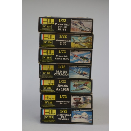 115 - Seven Heller aircraft 1/72 model kits, to include : 

De Havilland FB.5 Vampire
Nieuport Delage NiD ... 