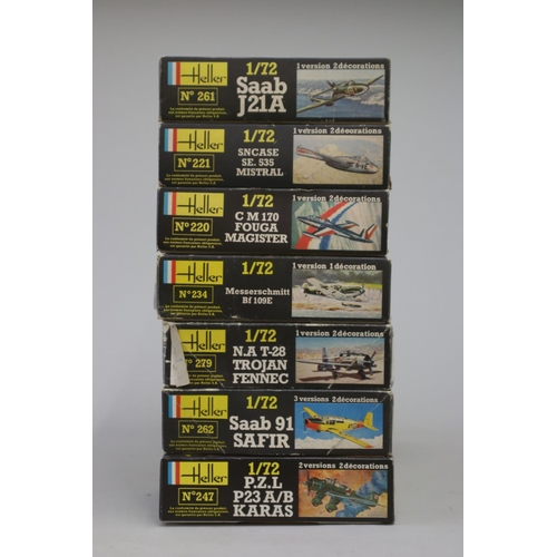 117 - Seven Heller aircraft 1/72 model kits, to include : 

Sncase SE. 535 Mistral
Saab J 21 A
C M Fouga M... 