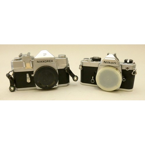 196 - A Nikkorex F 35mm camera (357846), together with a Nikon FM 35mm camera (3436486), including four le... 