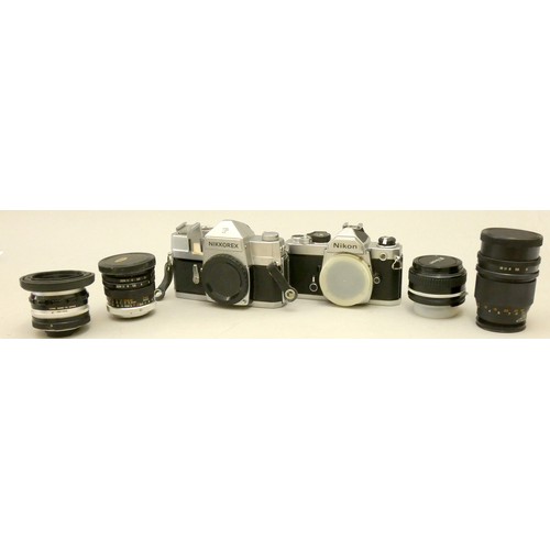 196 - A Nikkorex F 35mm camera (357846), together with a Nikon FM 35mm camera (3436486), including four le... 