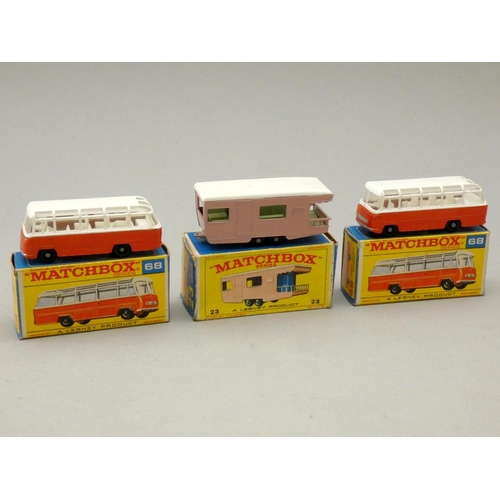 209 - Three matchbox die-cast, #68 Mercedes coach x 2, together with #23 Trailer Caravan, boxed (3)