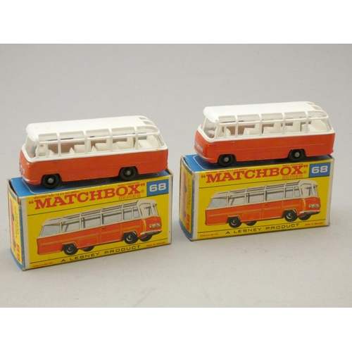 209 - Three matchbox die-cast, #68 Mercedes coach x 2, together with #23 Trailer Caravan, boxed (3)