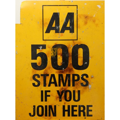 227 - A printed metal AA sign, depicting '500 Stamps if you join here', Height - 61cm, Width - 66cm