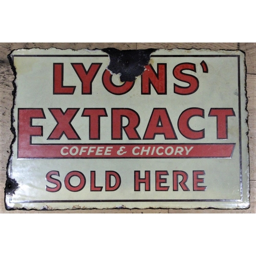 232 - Lyon's Extract, coffee chicory, sold here, a double sided, vitreous enamel advertising sign, 31 x 45... 