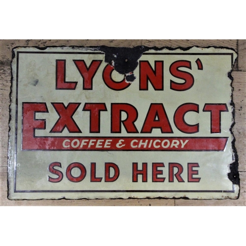 232 - Lyon's Extract, coffee chicory, sold here, a double sided, vitreous enamel advertising sign, 31 x 45... 