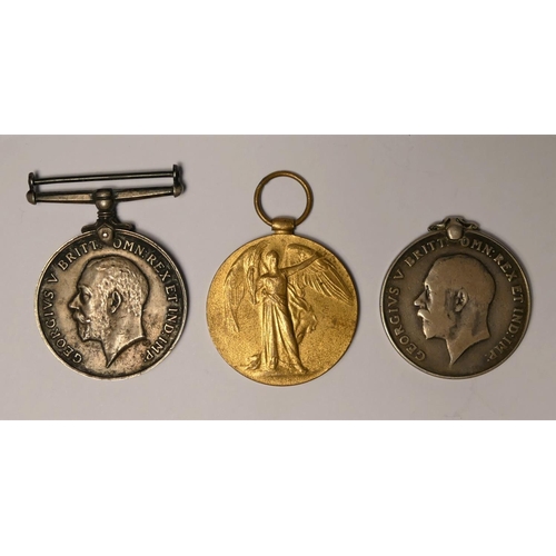 256 - Three WWI medals, War, broken suspender, 3196 Pte. H. Morris, Warwickshire, War 36036 Pte. T. Smith,... 