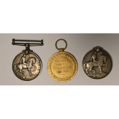 256 - Three WWI medals, War, broken suspender, 3196 Pte. H. Morris, Warwickshire, War 36036 Pte. T. Smith,... 