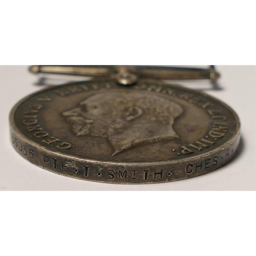 256 - Three WWI medals, War, broken suspender, 3196 Pte. H. Morris, Warwickshire, War 36036 Pte. T. Smith,... 