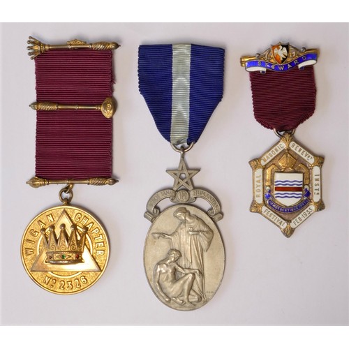 274 - Three silver, silver gilt, silver gilt and enamel Masonic medals, cased, 98gm