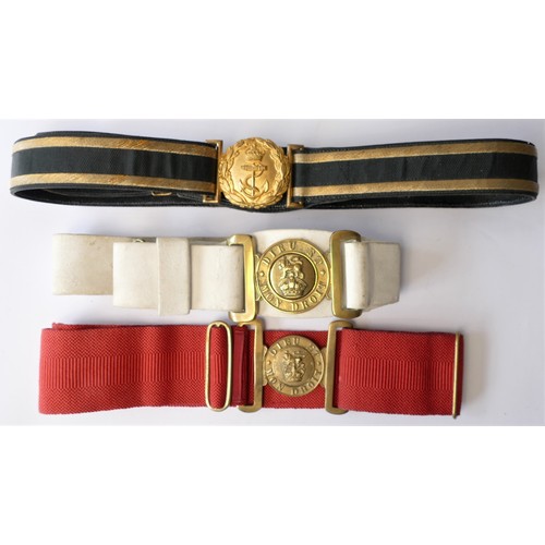 296 - A Naval officers belt, and two Military examples, all fittings brass