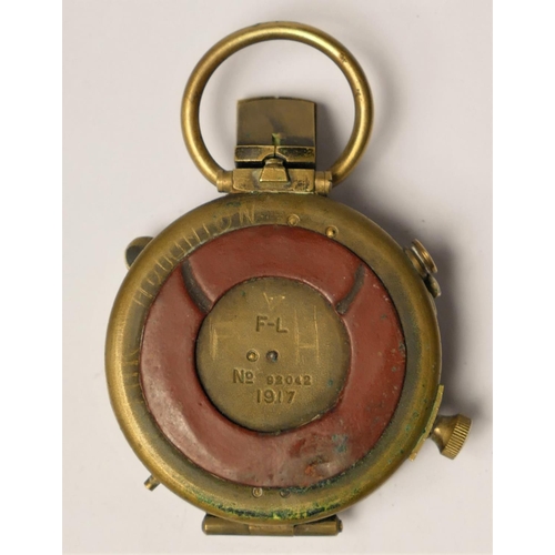 299 - A WWI British brass compass, by F-L, number 92042, dated 1917, leather case, inscribed F. Houghton, ... 