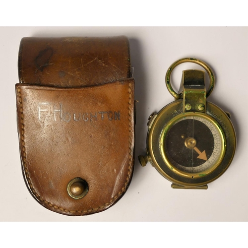 299 - A WWI British brass compass, by F-L, number 92042, dated 1917, leather case, inscribed F. Houghton, ... 