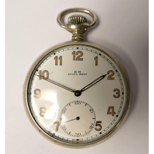 300 - WWII German Kriegsmarine military open face keyless wind pocket watch, the dial  marked KM Solvil Ge... 