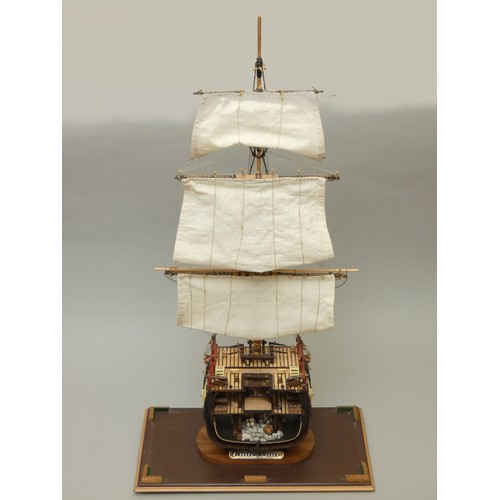 361 - HM Bark Endeavour cross section 1:93 scale, ayous wood with sails and rigging, display case, 79 x 42... 