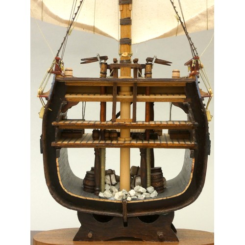 361 - HM Bark Endeavour cross section 1:93 scale, ayous wood with sails and rigging, display case, 79 x 42... 