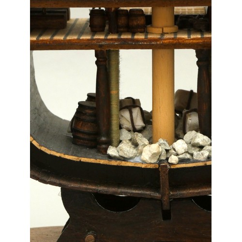 361 - HM Bark Endeavour cross section 1:93 scale, ayous wood with sails and rigging, display case, 79 x 42... 