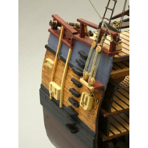 361 - HM Bark Endeavour cross section 1:93 scale, ayous wood with sails and rigging, display case, 79 x 42... 