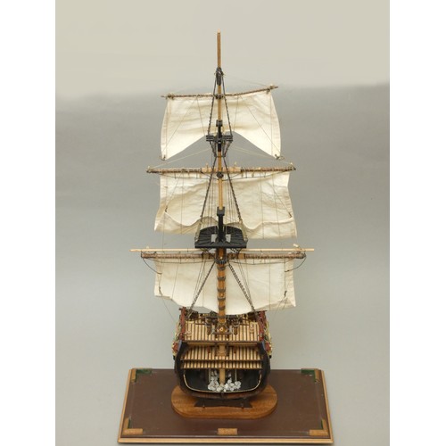 361 - HM Bark Endeavour cross section 1:93 scale, ayous wood with sails and rigging, display case, 79 x 42... 